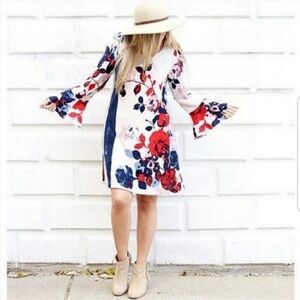 Maeve Anthropologie Bell Sleeve Floral Anthousai swing shift sweater dress sz XS